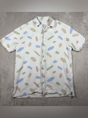 Folk Men’s Contour Short Sleeve Collared Abstract Brush Stroke White Shirt Small